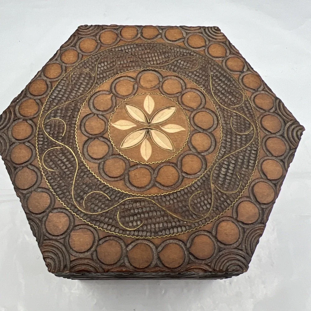 Vintage Polish Carved Wood Hexagon Box Brass Wire Inlay Kaiser Bill's Helen GA